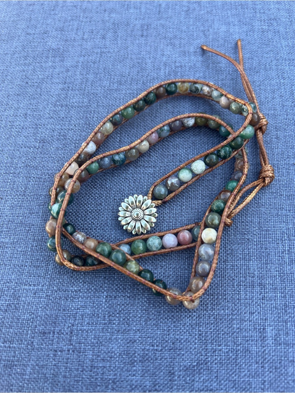 Boho Multi-Color Beaded Wrap Bracelet with Floral Button